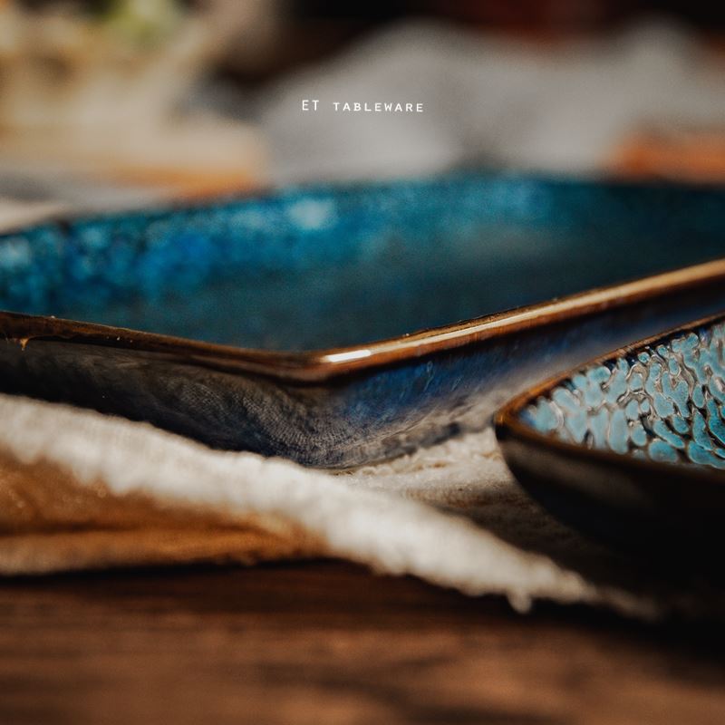 盤 ☆ 窯變浮雕藍皮革紋 長方盤｜20 × 11 ㎝｜單個