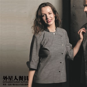 廚衣-女中袖四合扣竹節麻灰(M-3XL)