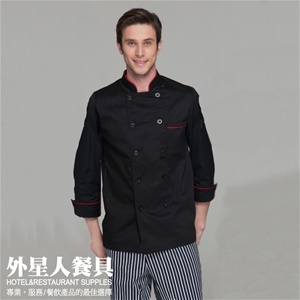 廚衣 長袖中式領雙排黑撞紅(黑)(M-2XL)
