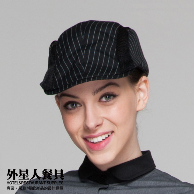 廚帽-網布貝雷帽(黑底細白條紋)