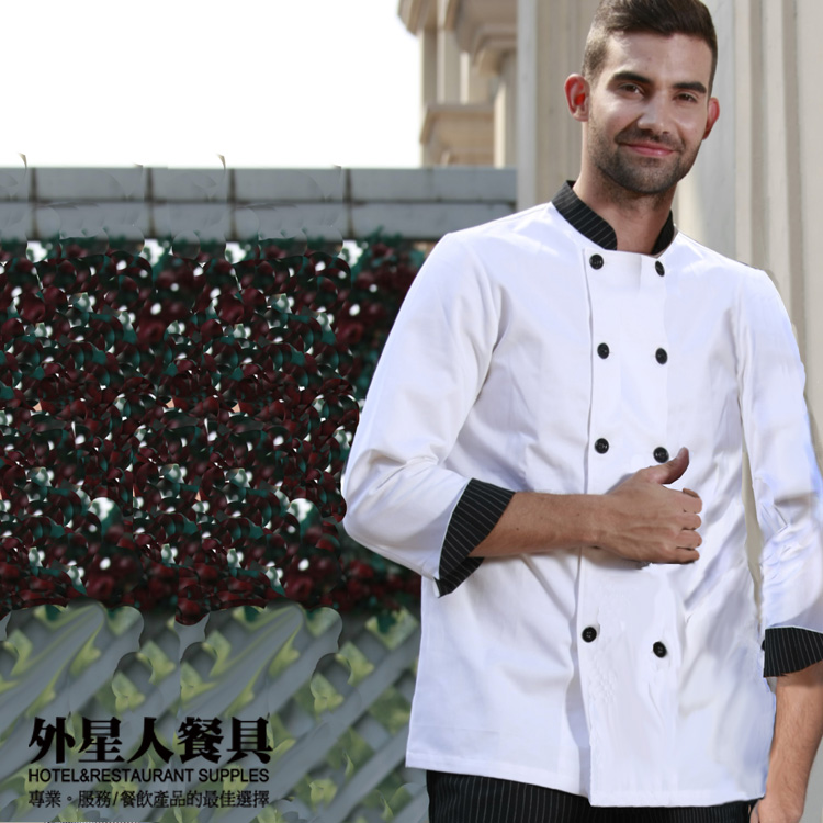 廚衣-長袖中式男版立領黑色雙排扣(細白條紋)(M-3XL)