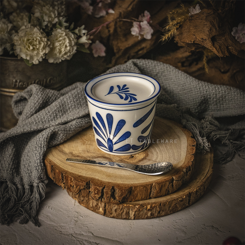杯 ☆ 釉下彩豬口杯含蓋｜復古藍葉｜單個