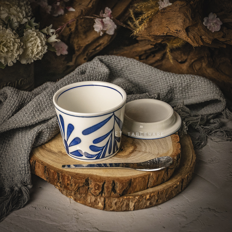 杯 ☆ 釉下彩豬口杯含蓋｜復古藍葉｜單個