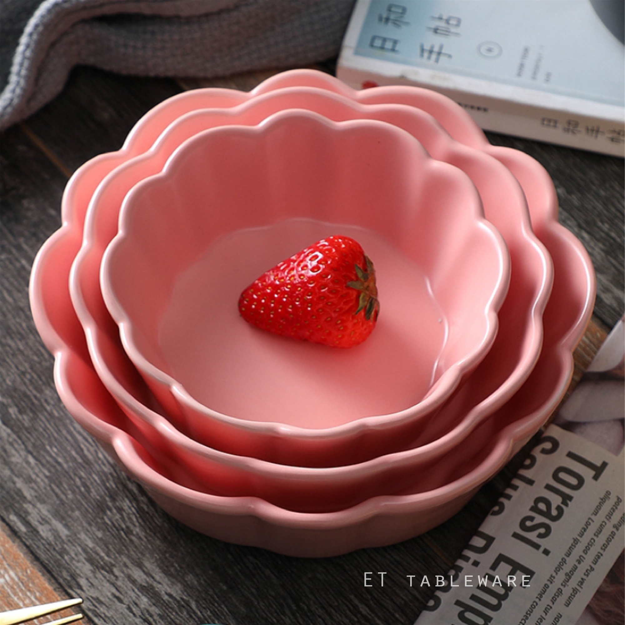 法式 色釉簡約 Φ20.5cm 花型陶瓷碗｜櫻花粉｜單個
