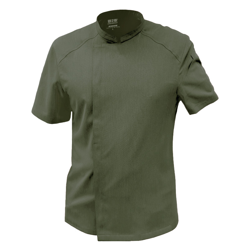 廚衣 ☆ 清新感側排廚師服｜短袖｜軍綠｜M - 3 XL｜單件
